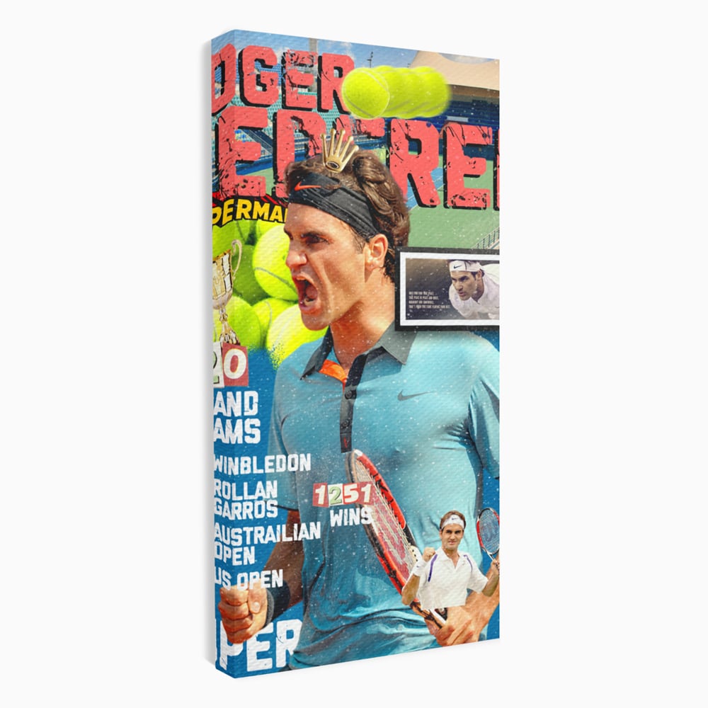 Tablou canvas cu tablou canvas cu roger federer si racheta de tenis, fara rama, pe sasiu de lemn